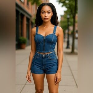 Story On Blue Denim Corset Bustier Top SZ M Women Crop Padded Hip Hop Retro